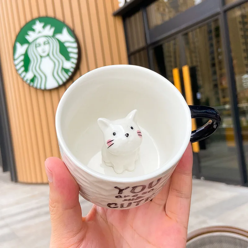 

Creative Cartoon Embossed Ceramic Mug Small Animal Mug Cup Cat Coffee Cup With Cup Saucer Household Milk Cup