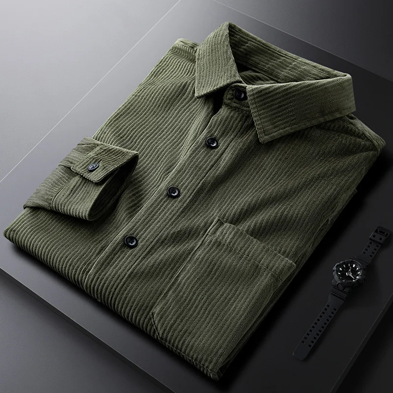 Autumn long-sleeved corduroy shirt army green loose top trend all-match Japanese casual shirt