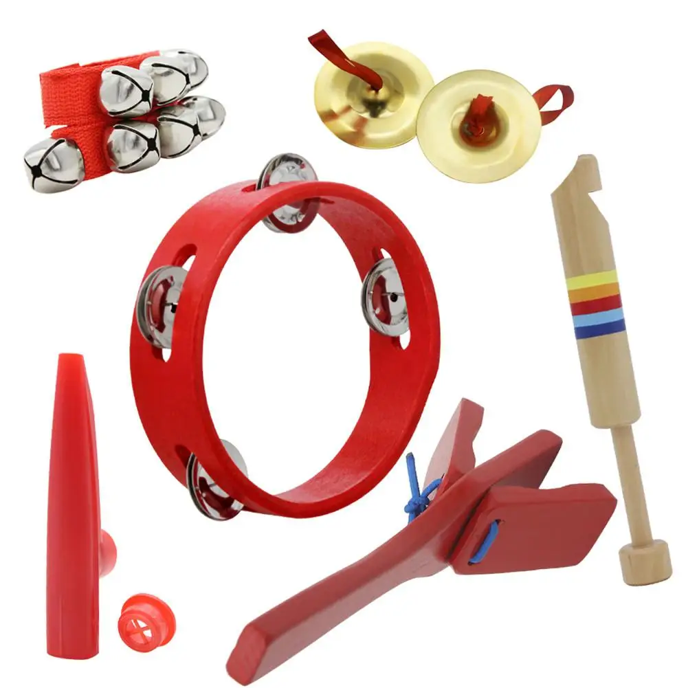 6pcs/set Orff Wooden Tambourine Educational Musical Instrument Set with Tambourine+Castanet+Flute+Cymbal+Kazoo+Wrist Bell | Спорт и