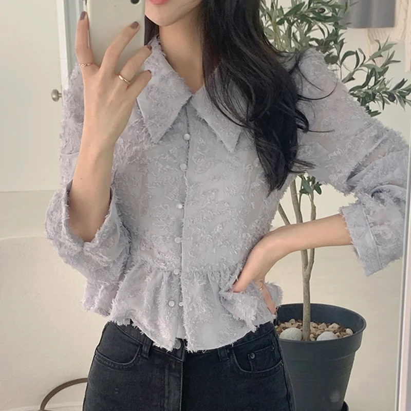 

Mozuleva New 2021 Spring Summer Blouses Shirts Vintage Oversize Korean Style Lady Elegant Chiffon Lace Wild Short Tops
