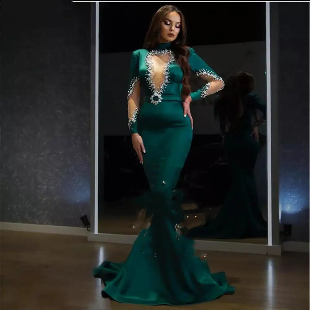 

Evening Dress 2021 Mermaid Green Satin Luxury Crystal Beaded Muslim Saudi arabic Women Formal Gowns Custom Court Train Elegant