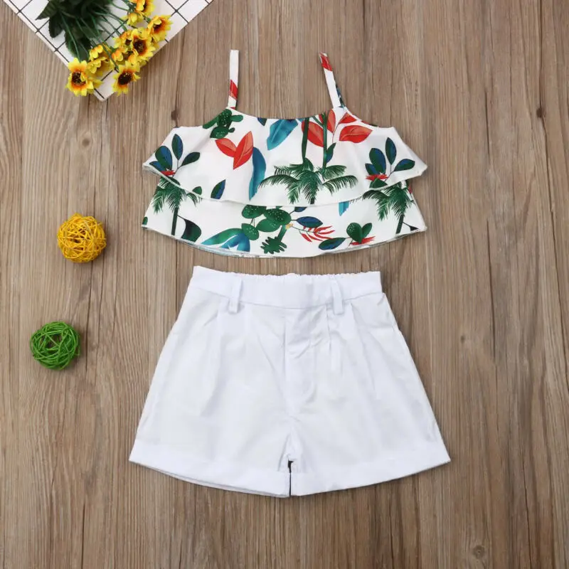 

Summer Sleeveless Toddler Baby Girl Clothes Set Flower Print Strap Vest Crop Tops Short Pants 2PCS Outfits