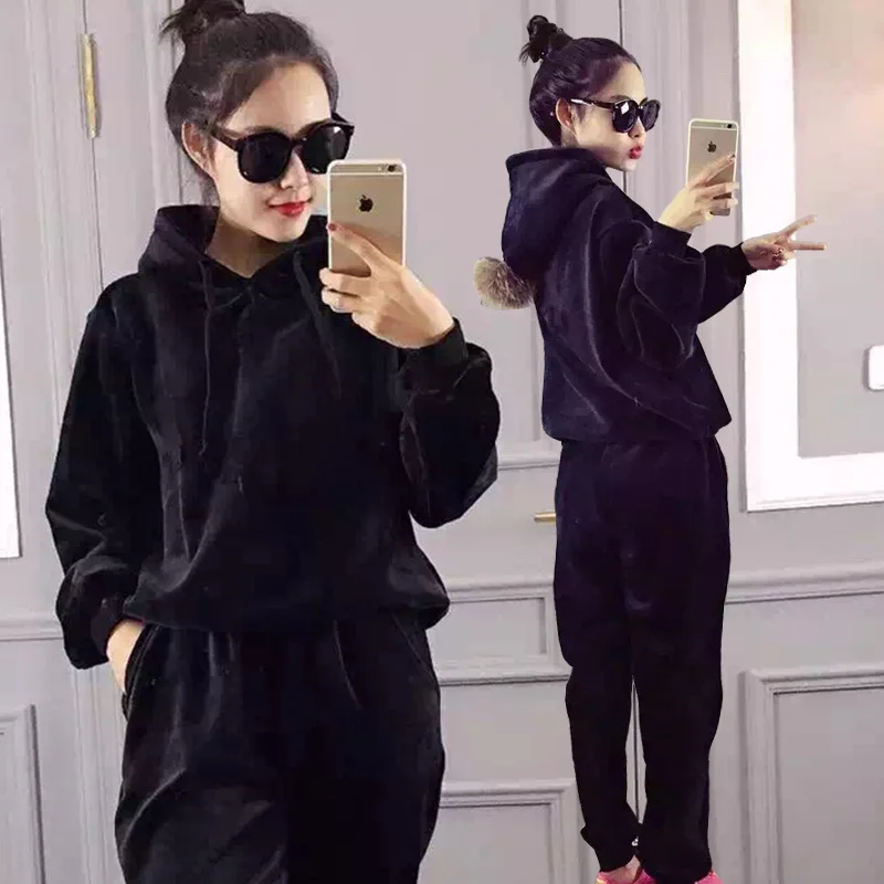 women sportswear tracksuit winter thickness fleece warm hoodies sweatshirt+pant running jogging fitness casual set sport suit |