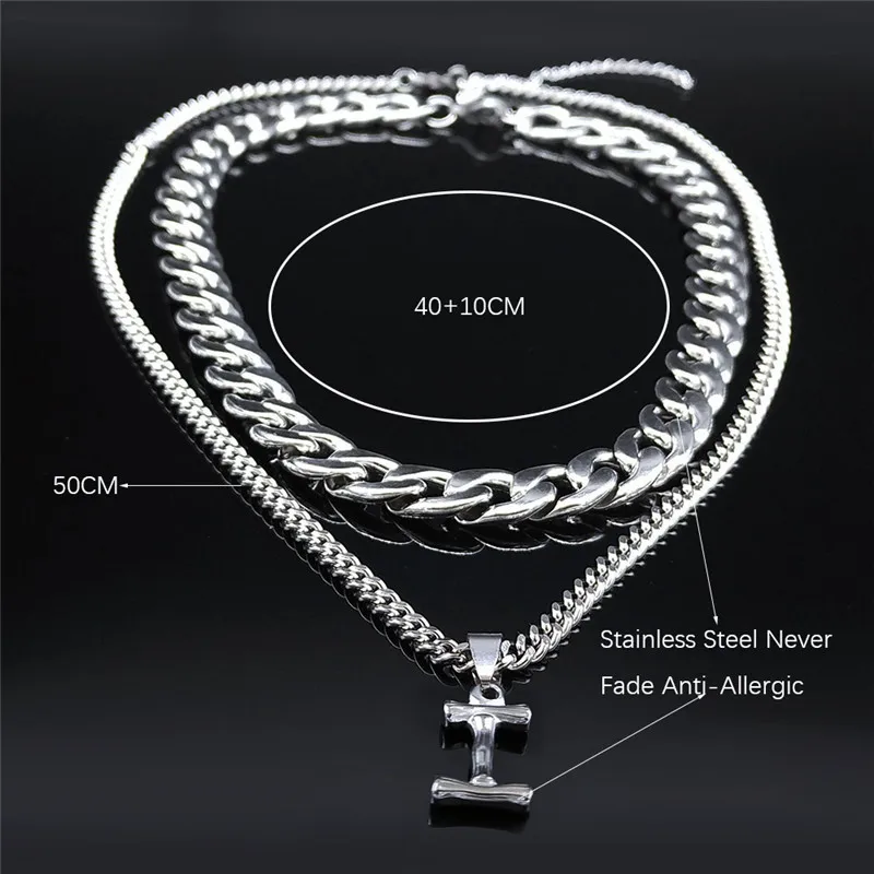 

2PCS Fashion Punk Letter I Stainless Steel Layered Choker Necklaces for Men/Women Silver Color Jewelry Punk Collar Letra NK72S03