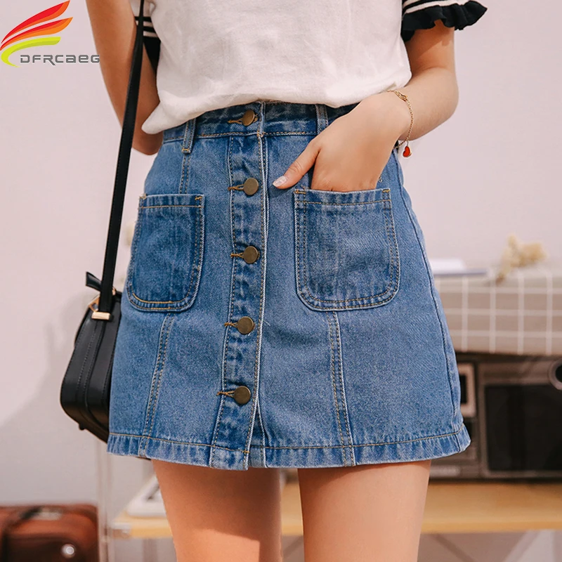 

Denim Skirt High Waist A-line Mini Skirts Women 2020 Summer New Arrivals Single Button Pockets Blue Jean Skirt Style Saia Jeans