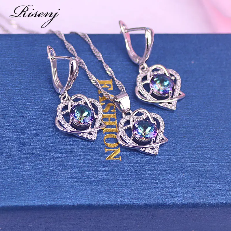 Акция сердце квадрат Магия Радуга Серебро 925 бижутерия для женщин серьги кольцо