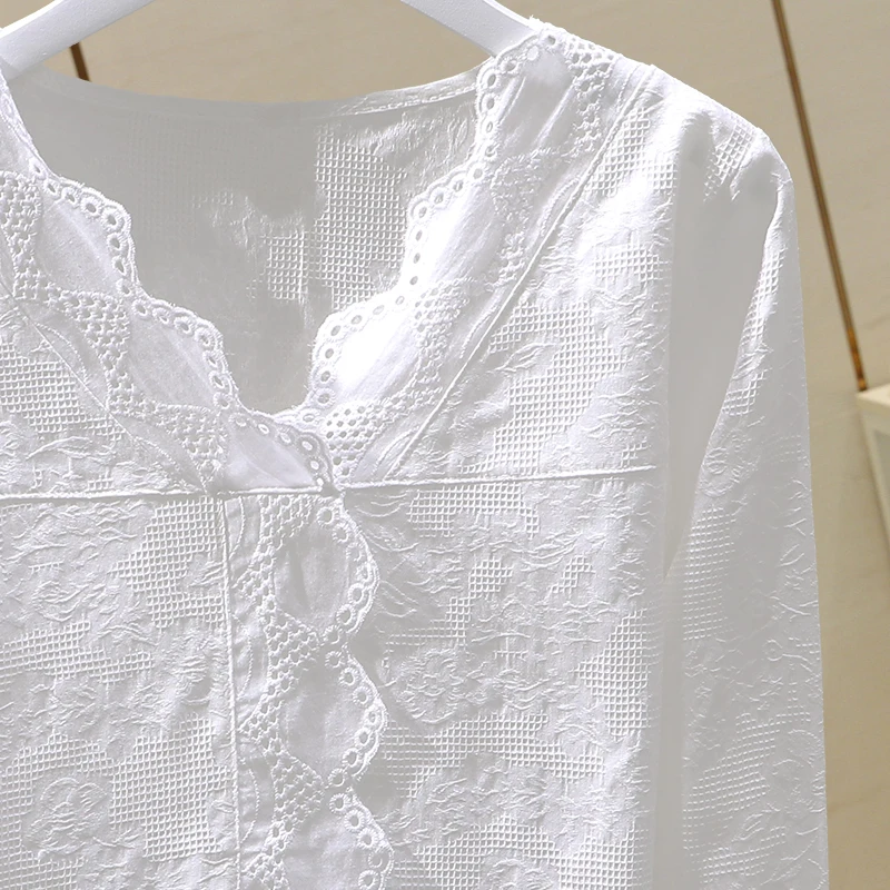

Lace Cotton Women Blouse 2021 Summer New V-Neck Long-Sleeved Slim Solid Lady Elegant Pulls Tops Top Quality