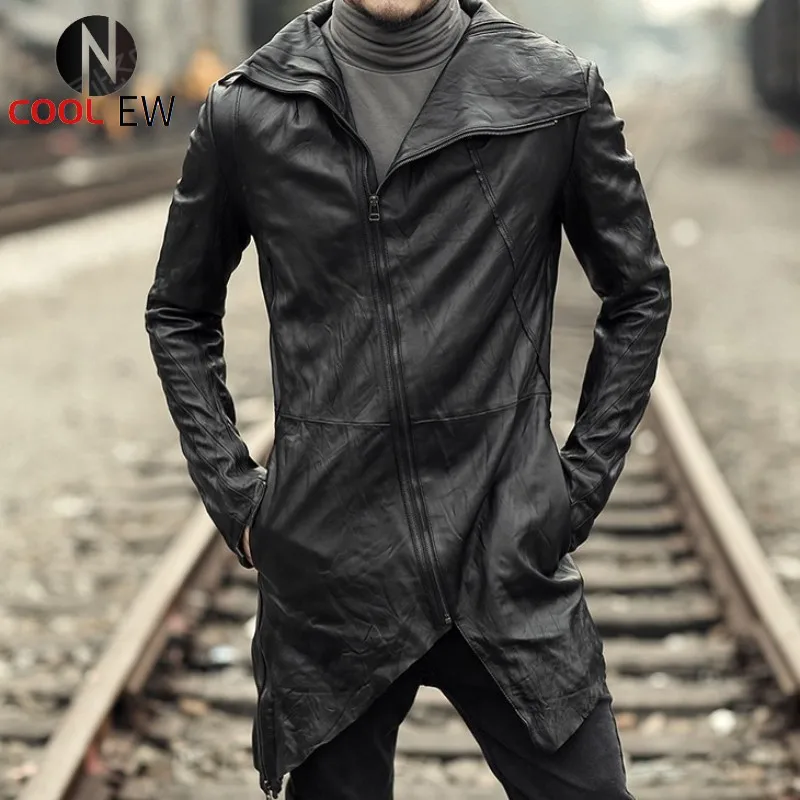 

England Style Mens Genuine Leather Long Jacket Street Zipper Moto Biker Sheepskin Coat Brand Designer Black Outerwear XS-3XL