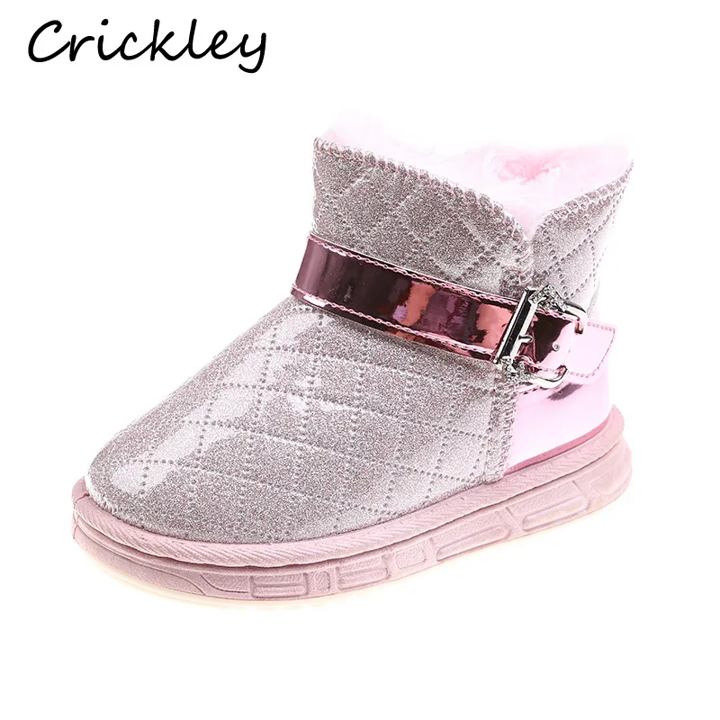 

New Bling Buckle Children Fashion Boots Winter Warm Plush Girls Snow Boots Princess Plaid Anti Slip Soft Kids Ankle Shoes