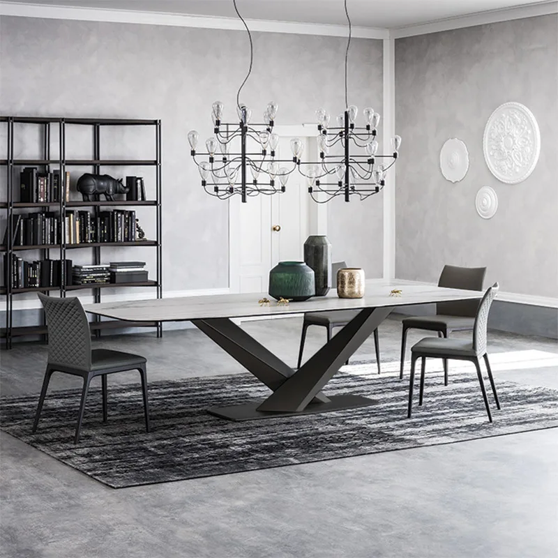 

Домашний обеденный стол из скандинавского мрамора 210 см * 110 см 80 кг простой современный прямоугольный стол + 8 ананасовых стульев