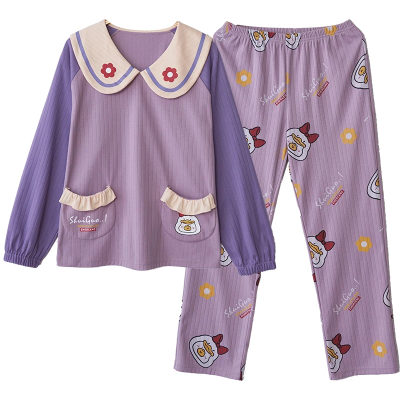 

BZEL Couple Purple Blue Pajama Set Cute Turn-down Collar Sleepwear Cotton Home Suit Sweet Women's Pijama Large Size Pyjama Mujer