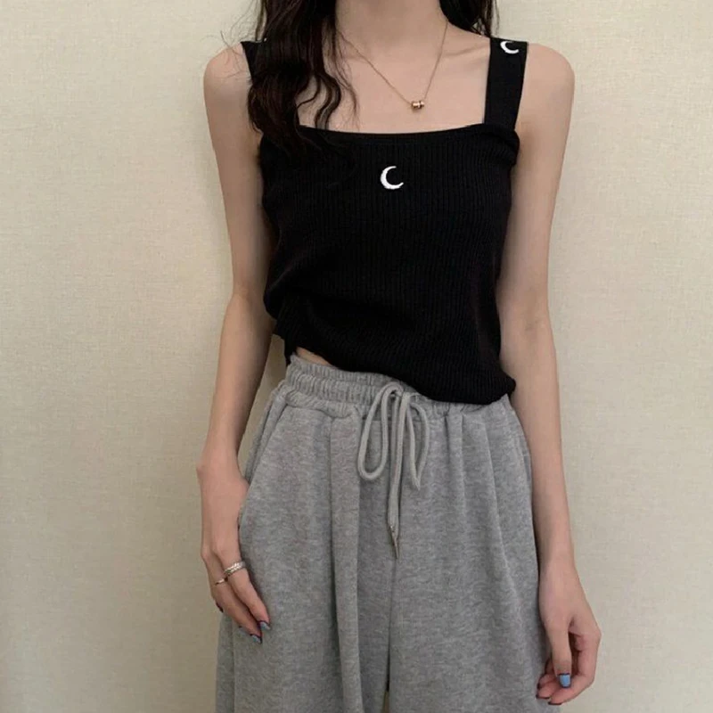 

Korean kawaii sweet moon embroidered sweater suspenders solid color strip texture stretch casual women's top bottoming shirt