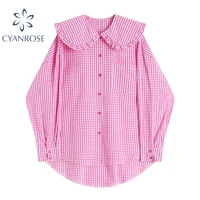 2021 plaid shirts women blouse harajuku summer and autumn long sleeve buttonup single breasted loose doll collar blue pink top