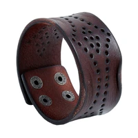 the new wide leather hollow retro cowhide bracelet fashionable and versatile simple cross border stable supply mens jewelry