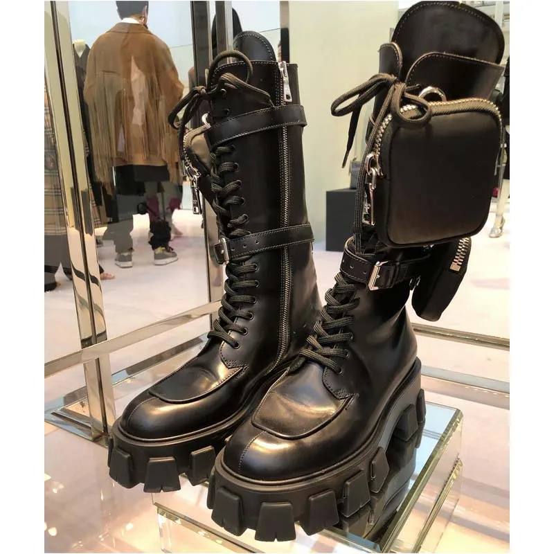 

2019 Chic Design Motorcycle Boots Women Round Toe Thick Bottom High Heel Boots Woman Cool Military Boots Long Boots