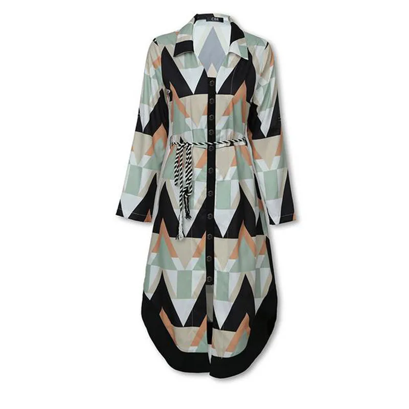 

2021 Casual Summer Lady Cover Up Women's Shirt Dress Wave Print Long Sleeve V-Neck Casual Loose Holiday Midi Dress Plus Size