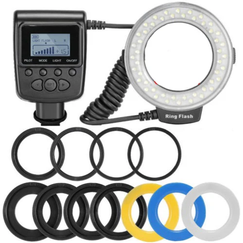 Macro LED Ring Flash Bundle with 8 Adapter Ring for Canon Nikon Pentax Olympus Panasonic DSLR Camera Flash RF-550D/HD130