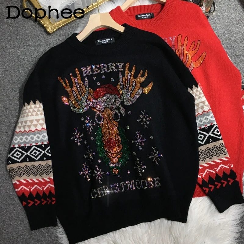 

Hot Diamond Thicken Sweater Women's Winter Christmas Deer New Year Red Sweater Female Loose Crew Neck Print Knitted Jumper Coat