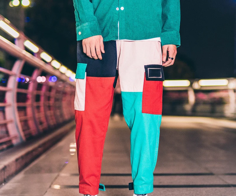 Брюки карго в стиле хип хоп винтажные штаны пэчворк с цветными блоками карманами