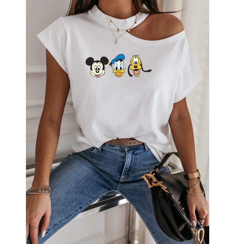 

Off Shoulder Woman Tops Kawaii Disney Mickey Mouse Donald Duck Short Sleeve Halter Tshirts Summer Casual White Black Tee Shirt