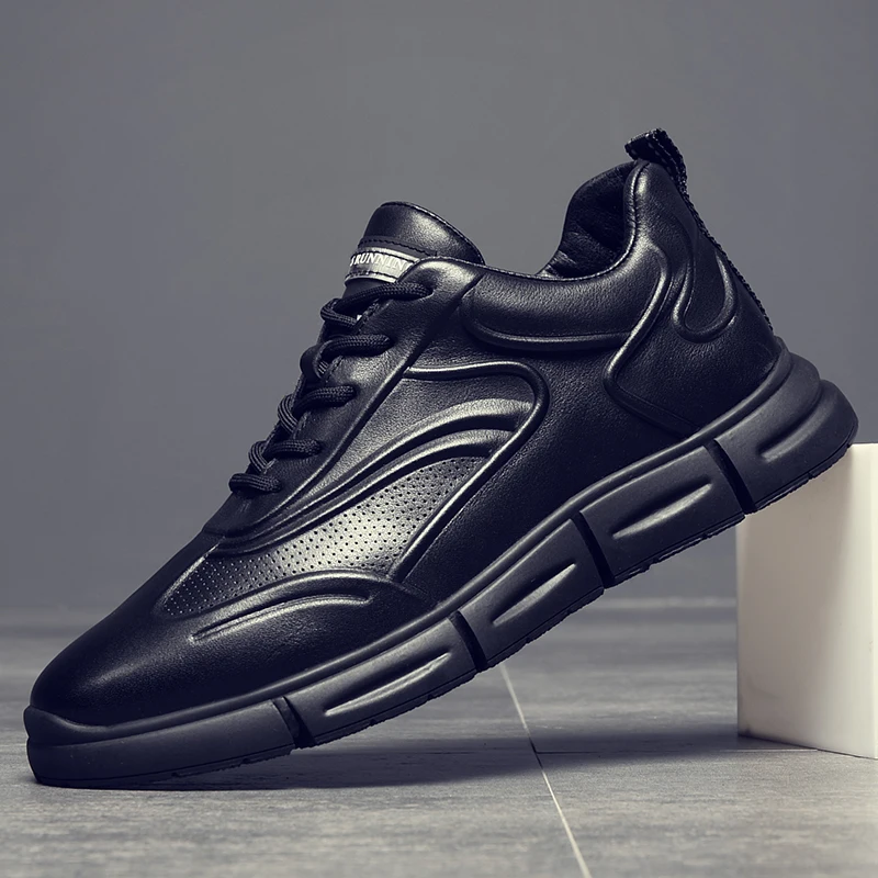 

Genuine Leather Men's Sneakers Luxury Brand Classic Black Lace-Up Shoes Thick Bottom Outdoor Sport Breathable Casual Shoes