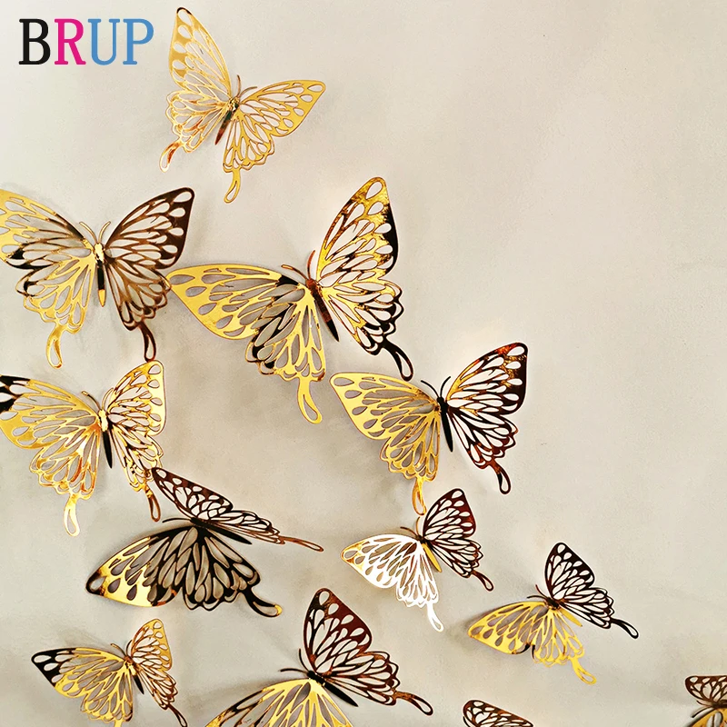 

12Pcs/lot New 3D Hollow Golden Silver Butterfly Wall Stickers Art Home Decorations Wall Decals for Party Wedding Display Shop
