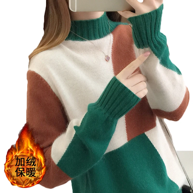 

2021 New Autumn Winter Plus velvet Thick pullover Sweater Women Korean Half High Collar Knitted Sweaters X330