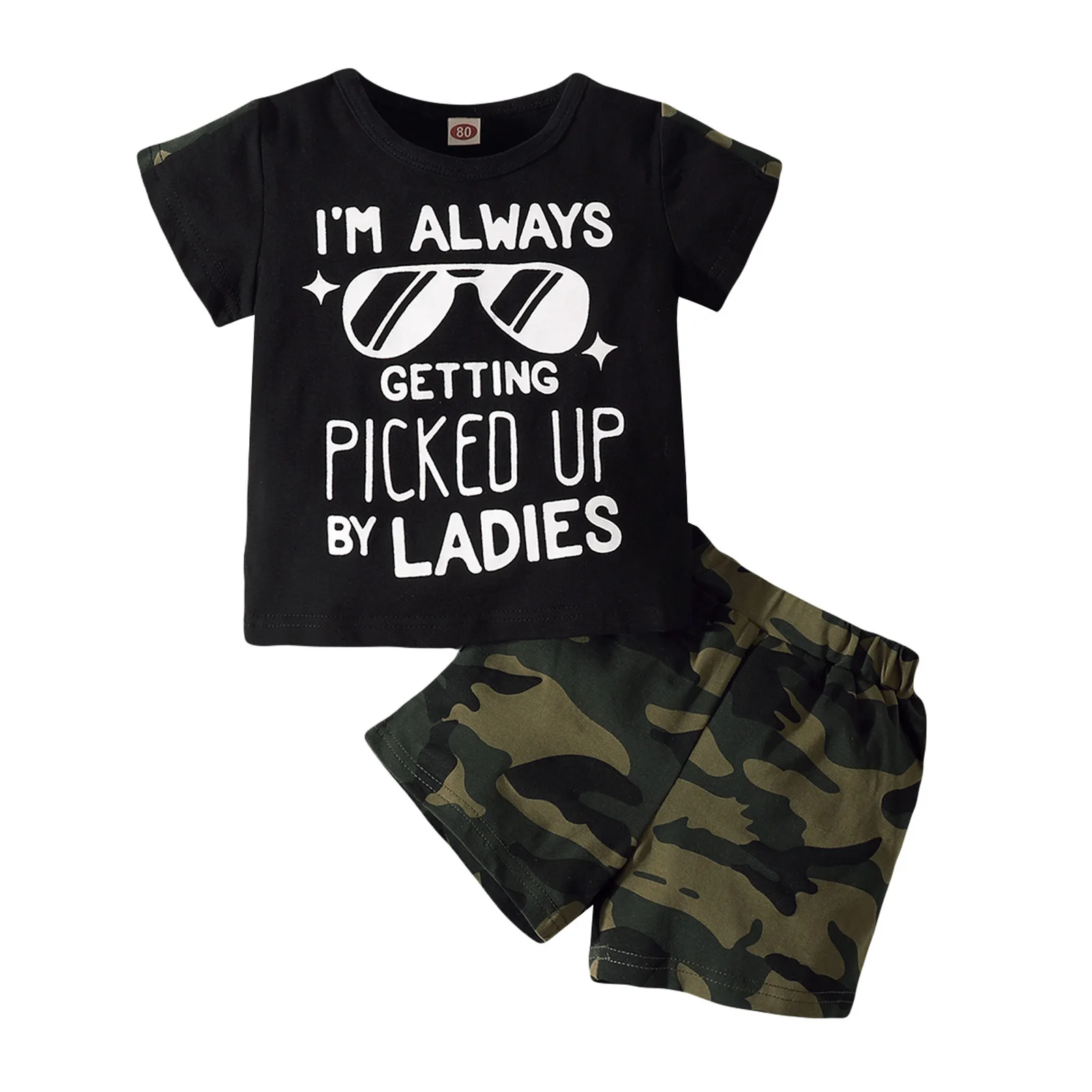 

2Pcs Little Boys Suit Letter Print O-Neck Short Sleeve T-Shirt + Camouflage Elasic High Waist Shorts Summer Outfit for 1-5Y Boy