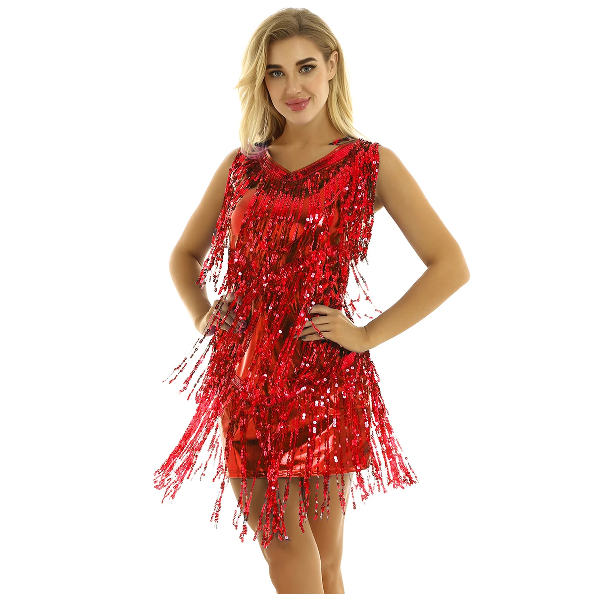 

Womens Sequin Tassels Ballroom Samba Tango Latin Dancewear Ladies V Neck Sleeveless Sparkling Stage Performance Dancing Dress