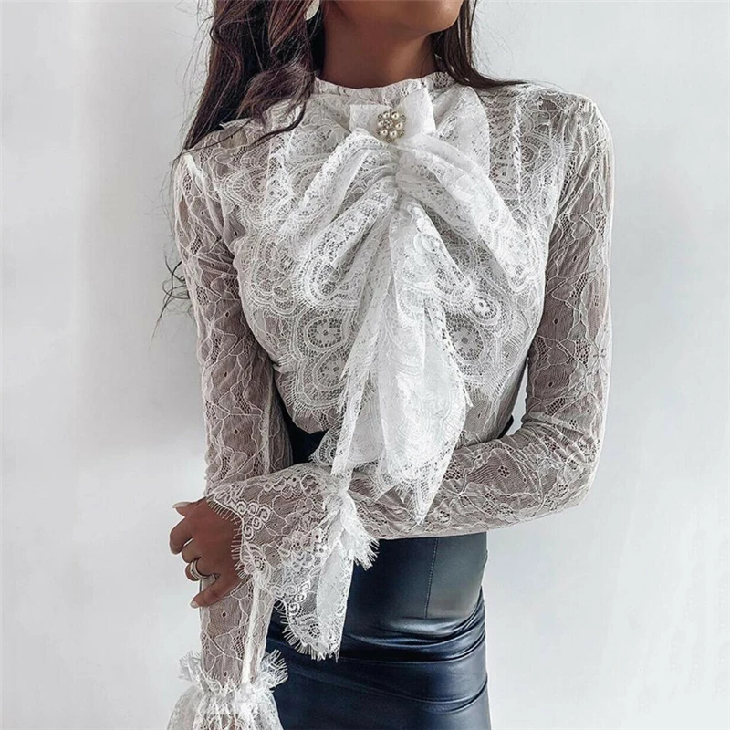 Женская сетчатая кружевная блузка прозрачная Дамская рубашка с длинным рукавом