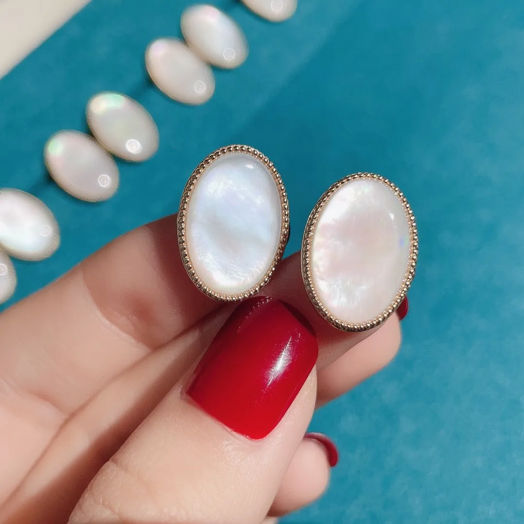 

18K import Solid Yellow Gold Jewelry (AU750) Women Ear Line Natural Intense Bead Inlay Luster Fritillaria Temperament Earrings