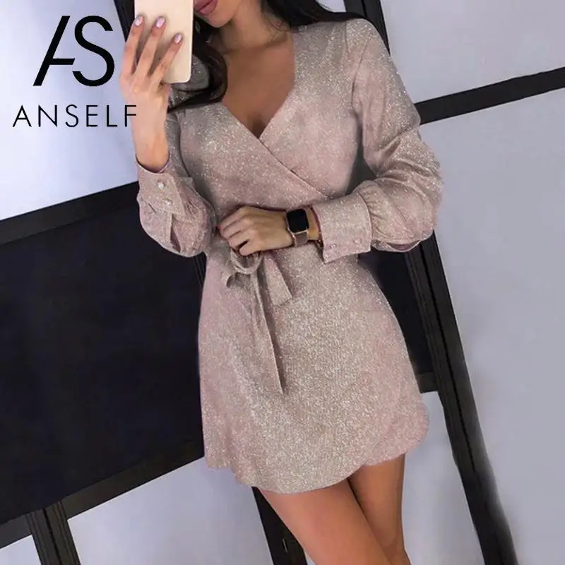 Женское блестящее платье с металлическим блеском V образным вырезом длинными