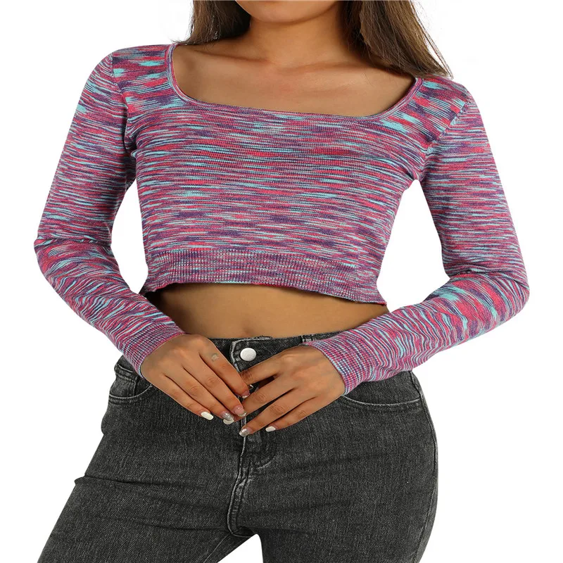

NEW Women’s Long Sleeve Knitting T-shirt Y2K Base Shirt Casual Colorful Stripe Square Collar Crop Top Slim Exposed Navel Tops