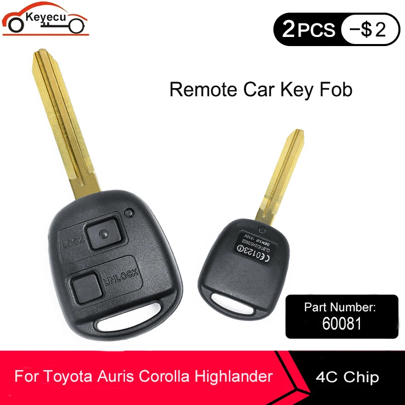 

KEYECU Replacement key Remote Car Key Fob 2 Button 433MHz 4C Chip for Toyota RAV4 Auris Prado Corolla Camry Yaris P/N:60081