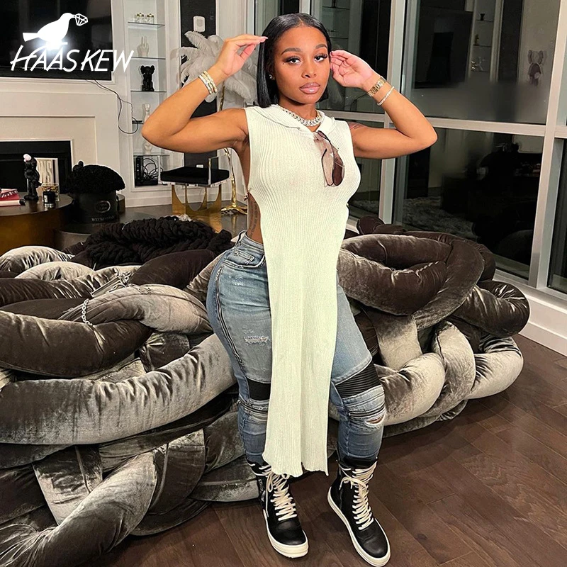 

HAASKEW Solid Knitted Unique Design Top Women Fashion Hipster Side Slit Extended Edition Sleeveless High Stretchy Streetwear Hot