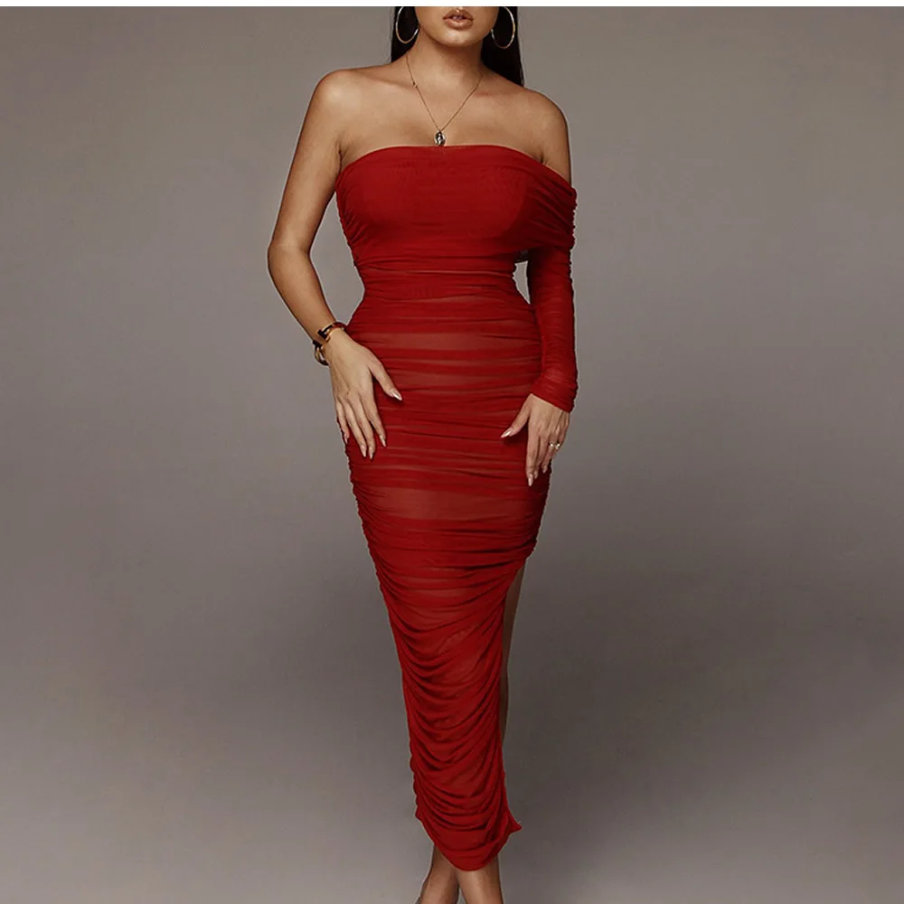 Женское облегающее Сетчатое платье средней длины красное черное с одним рукавом