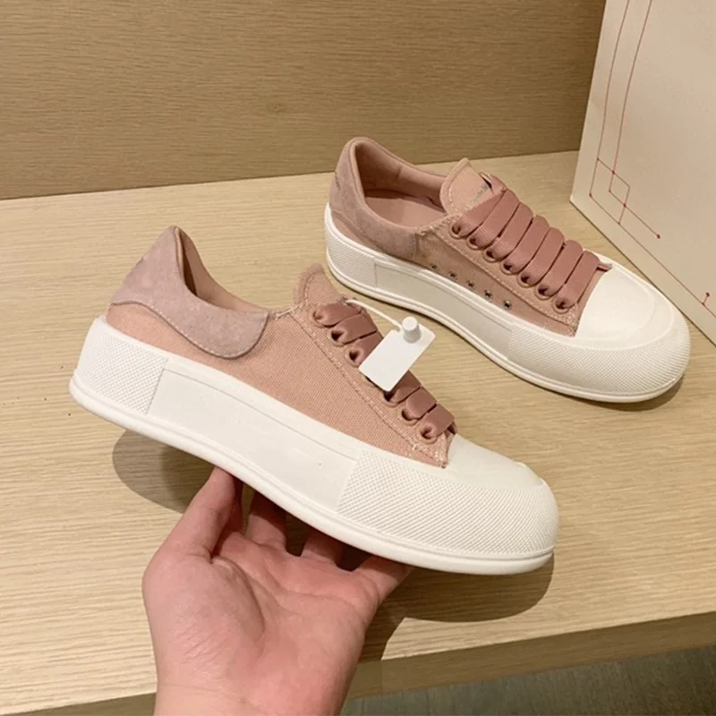 

Кеды женские из натуральной кожи, холщовые кроссовки, на толстой платформе, на шнуровке, круглый носок, повседневная Осенняя обувь на плоско...