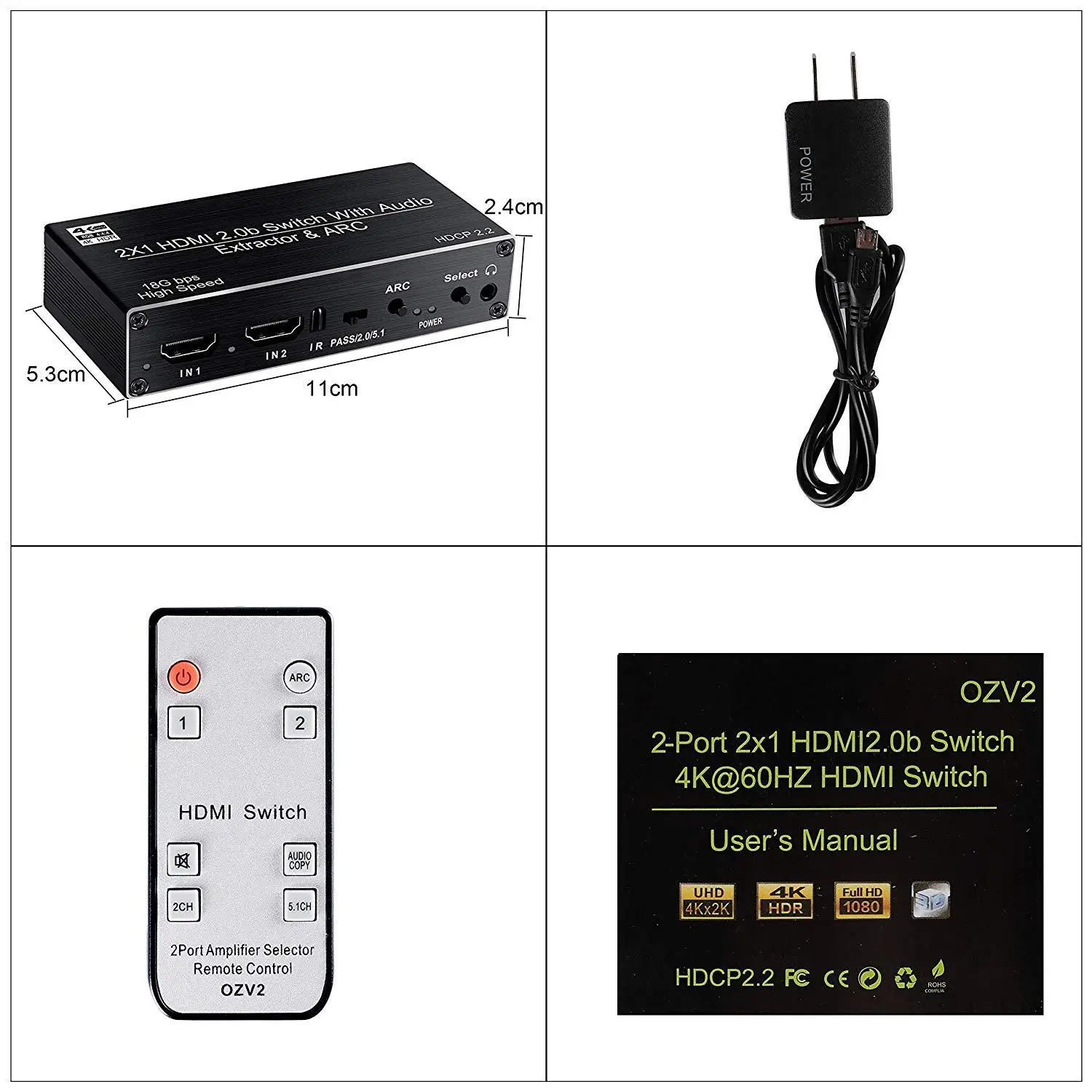 4K 60HZ Switch HDMI2.0 2 input 1 output Switcher R/L SPDIF Audio Separation Extractor&ARC HDCP2.2 for PS4 Xbox With IR Control images - 6