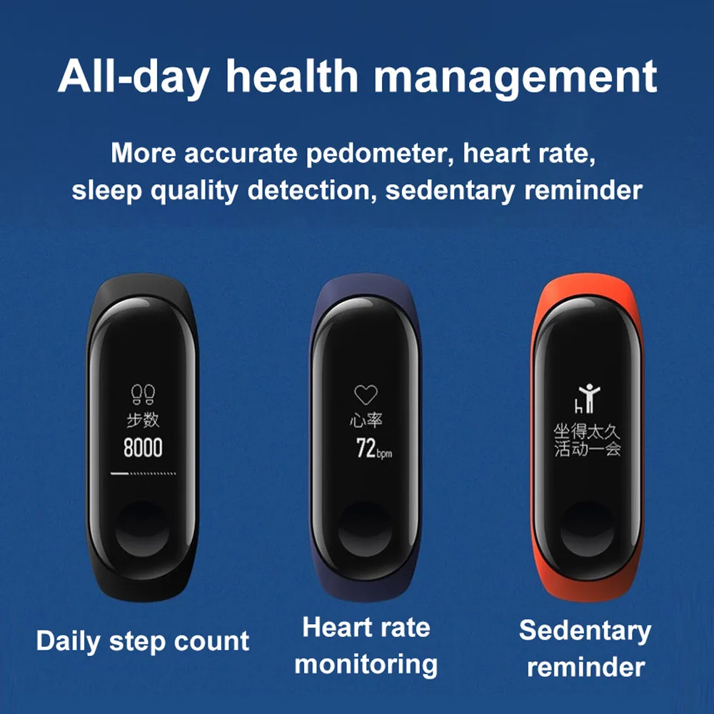 Фитнес браслет Xiaomi MiBand 3 часы с функцией пульсометра OLED дисплеем 0.78'' Bluetooth 4.2