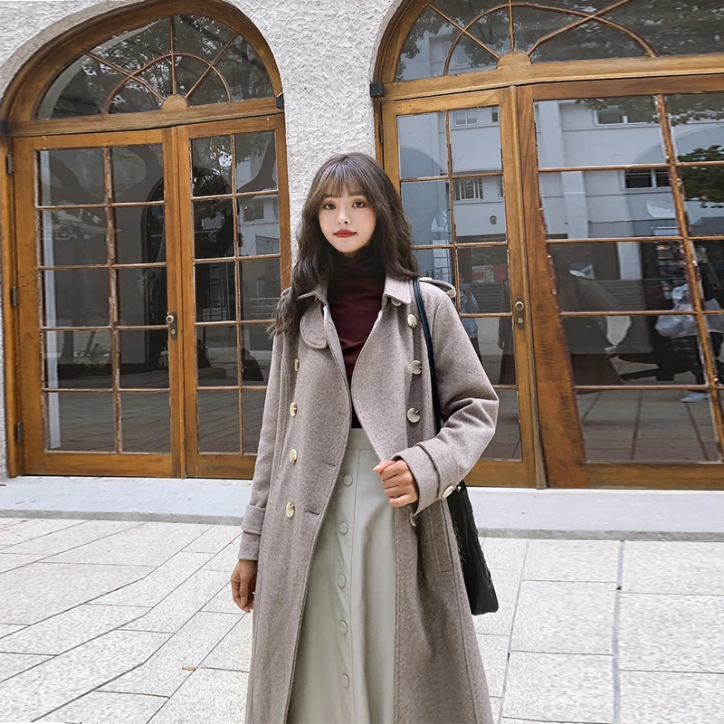 

2020 New Plus Cotton Solid Color Ladies Winter Coat Double Breasted Woolen Turn-Down Collar Slim Fashion Long Wool Coat Women