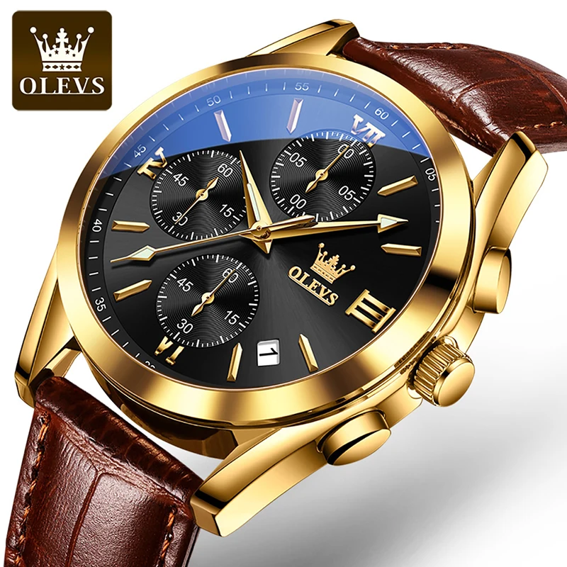 

OLEVS brand men's watch multi-function three-eye six-pin sports chronograph men's waterproof leather quartz watch men's watches