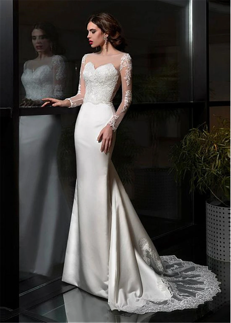 

Elegant Satin Bateau Neckline Sheath Wedding Dresses With Lace Appliques Train Long Sleeves Bridal Dress