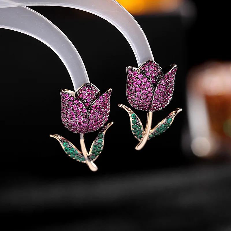 

Luxurious Purple Zircon Earrings Stud for Women CZ Tulip Earring Fashion Sweet Flower Female Earring Jewelry Accessories