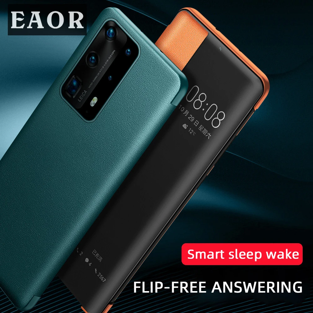 

EAOR Flip Cowhide Phone Case for Huawei Mate 40 Pro Plus Mate 30 Pro Real Leather Smart Windows Protective Cover for P30 P40 Pro