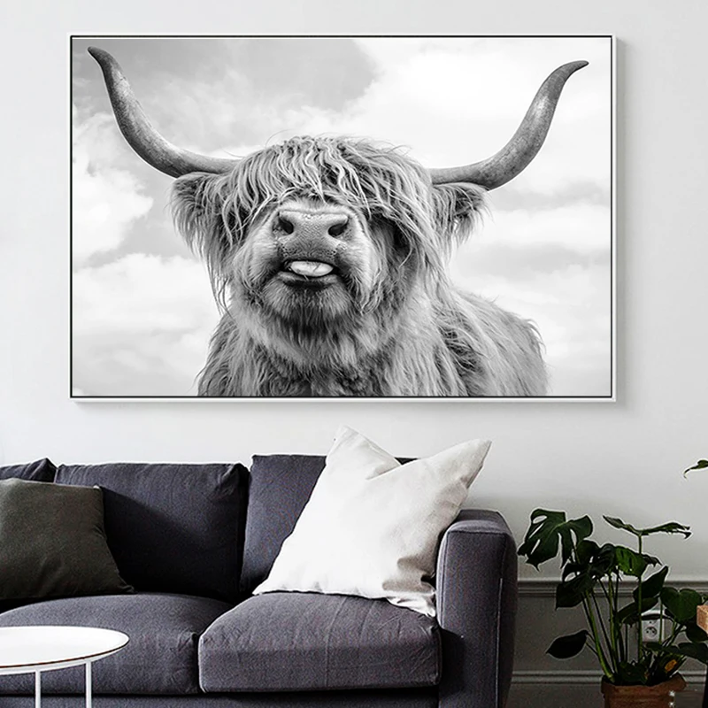 

Black and White Yak Highland Cow Wild Animals Canvas Painting Posters and Prints Wall Art Picture for Living Room Decor Cuadros