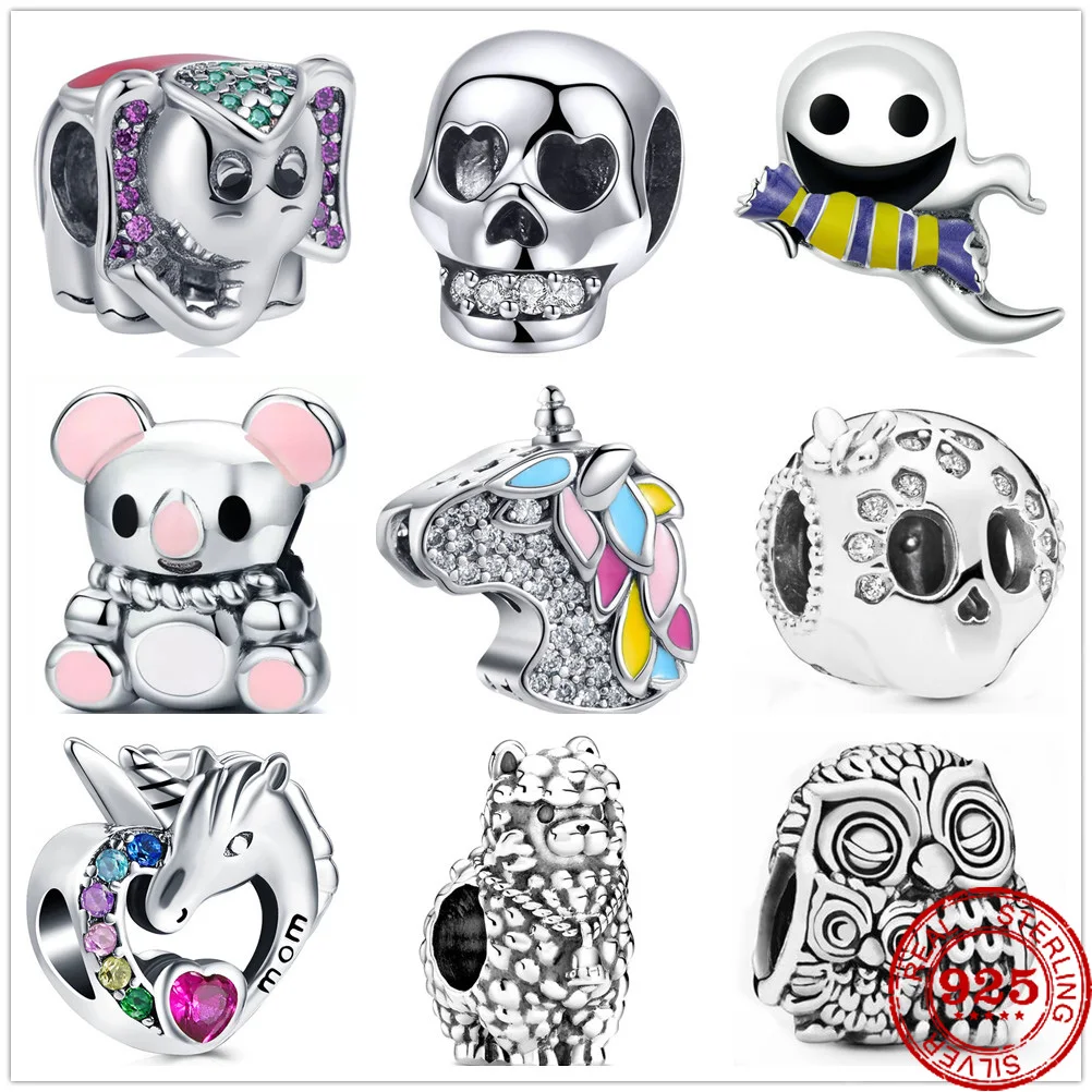 Новый оригинальный 925 серебряный браслет шарма слон лошадь Сова для зубов в форме