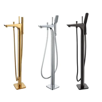 

Modern Floor Standing Bathtub Full Copper Chrome Finished Hot and Cold shower set with Bibcock Pull Out Handshower Vertical Kit