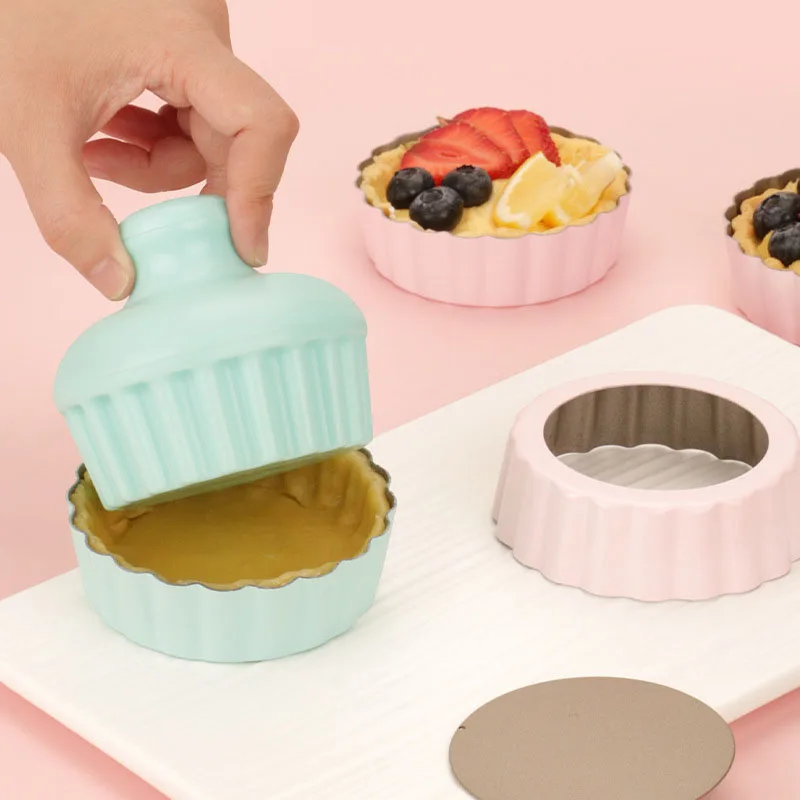 2 In 1 Egg Tart Molds with Tamper Pusher Nonstick Ripple Flower Reusable Cupcake Muffin Baking Cup Tartlets Pans Pastry Tools