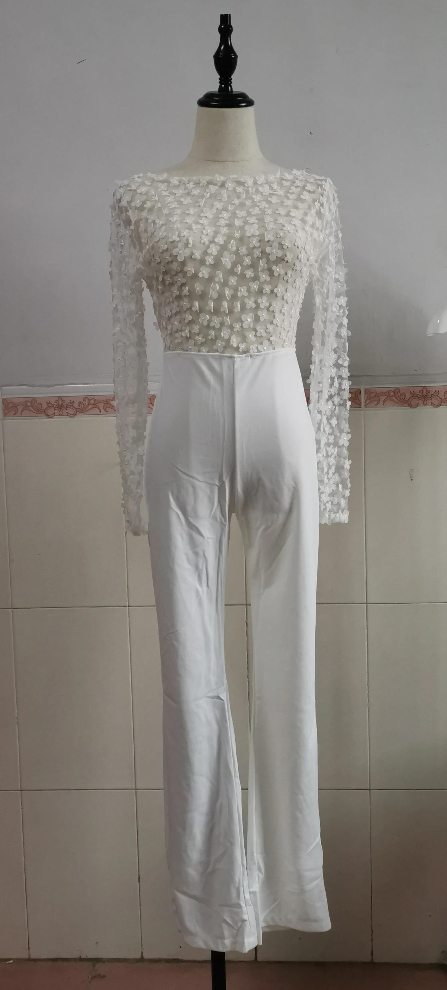 

Women White Mesh Appliques Jumpsuits Sexy Perspective Patchwork Jumpsuit Without Belt
