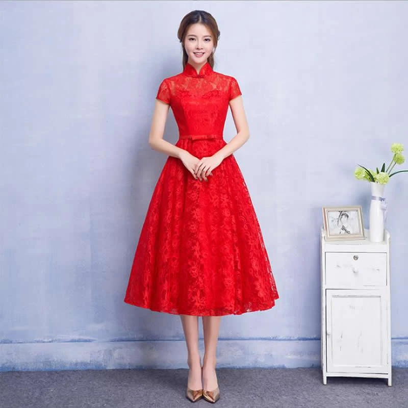 

Bride Red Lace Evening Gowns Party Dresses Long Chinese Wedding Dress Cheongsam Qipao Oriental Costumes Elegant Dress Women